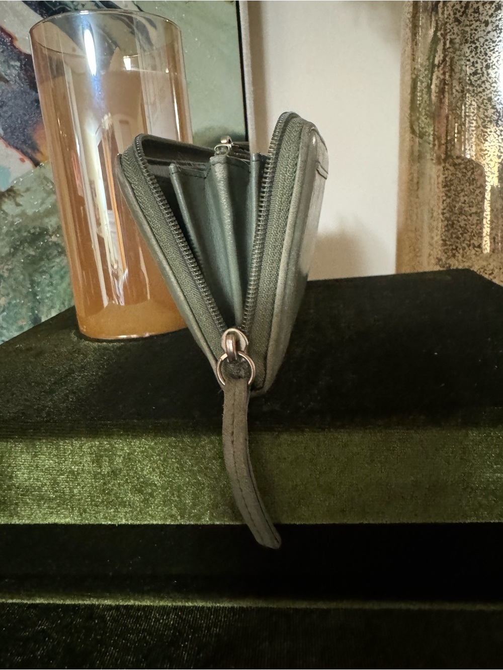 Olive Green Leather Zip Wallet with Gold Turn-Lock - Picture 7 of 12